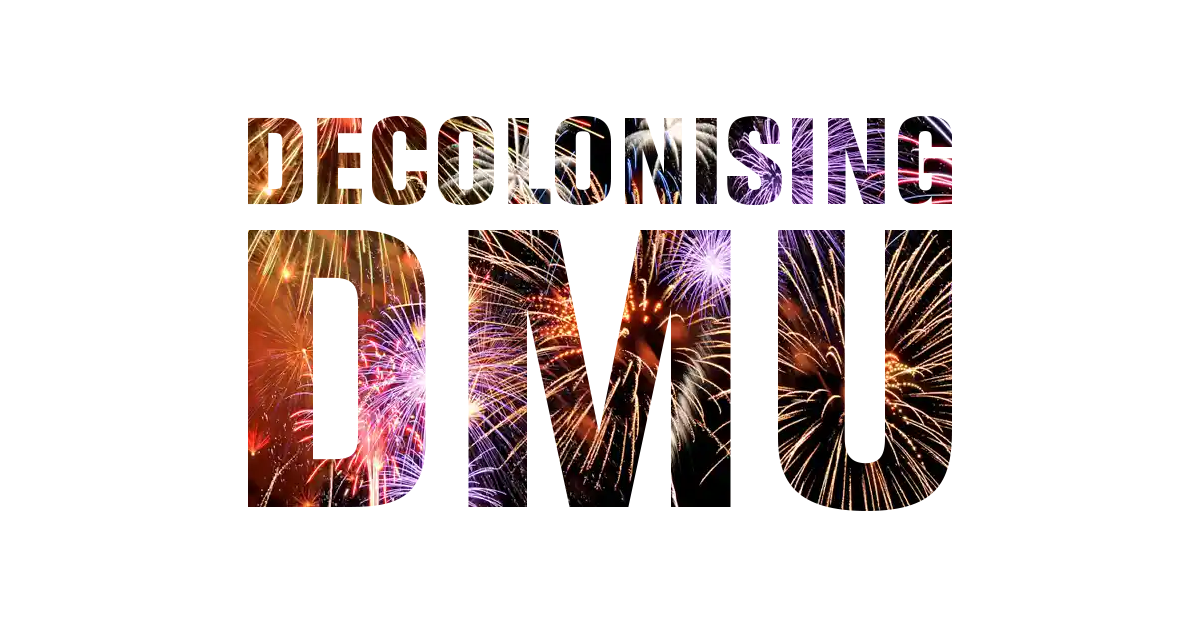 Decolonising DMU logo, set over firework backdrop